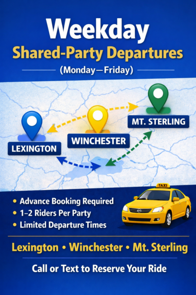 Graphic promoting weekday shared party transportation between Lexington, Winchester, and Mt. Sterling with scheduled pickup windows and booking requirements.